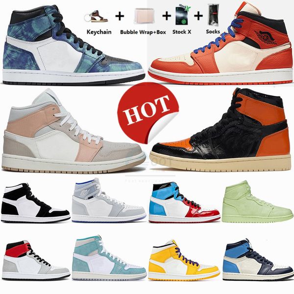 

1 mid tie dye mushroom shattered backboard 1s mens basketball shoes high twist obsidian unc pine green yellow toe women sports sneakers