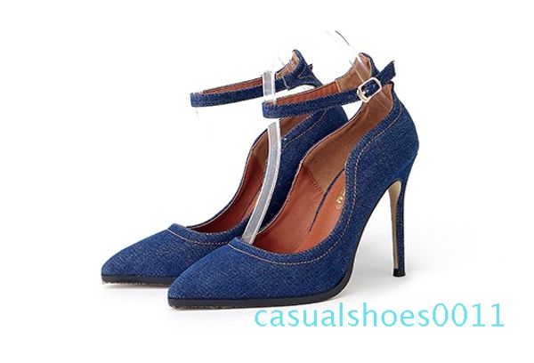 

word buckle pointed high-heeled shoes denim female pointed shallow mouth women high heels single shoes fine women heels c11, Black