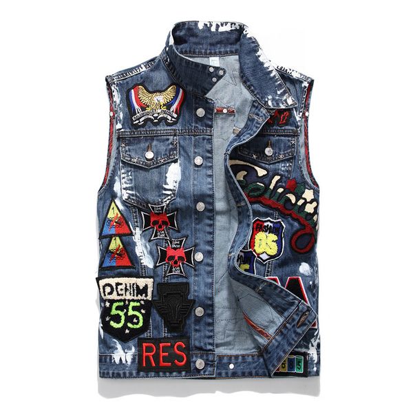 

xiu luo 2019 new hip hop sleeveless jacket plus size dark blue jeans cowboy denim vest mens vests outerwear vest large size 3xl, Black;white