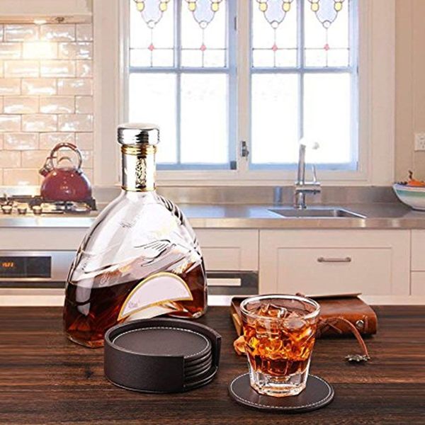 

new coasters for drinks,leather coasters with holder set of 6,protect furniture from water marks scratch and damage (brown) mats pads
