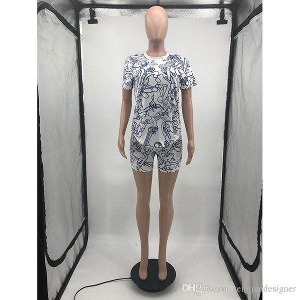 

womens summer 2pcs pants crew neck short sleeve cartoon print female clothing casual apparel, White