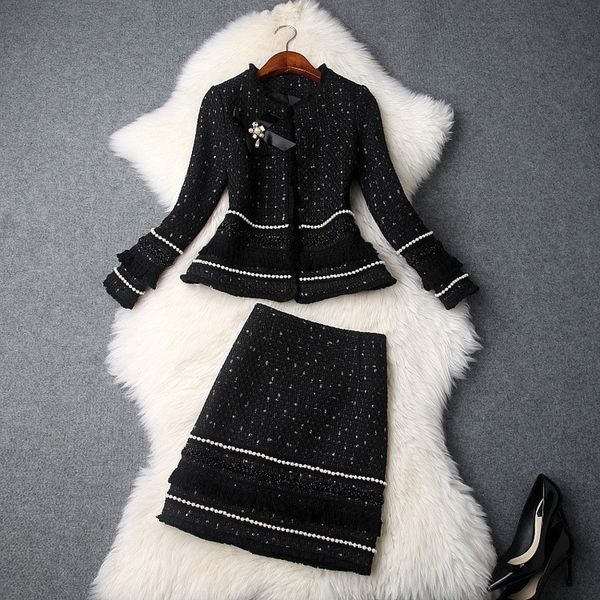 

fashion 2019 fall winter women's new beaded bow jacket thick tweed tassels mini skirt suits office lady two piece sets, White