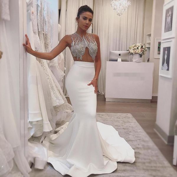 

2020 style illusion bodice white prom dresses shining beaded crystal mermaid stain empire waist formal evening gown for special party