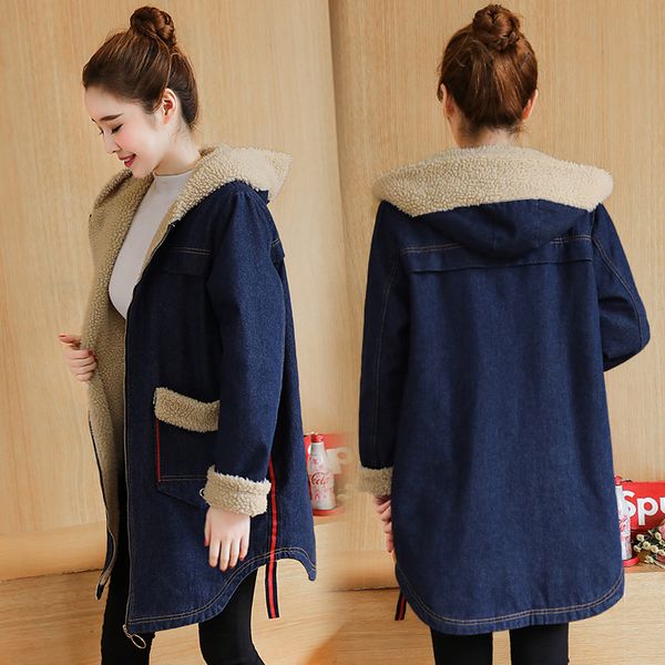 

p shoot mid-length students cotton coat women's winter loose thick plus velvet cowboy hooded coat lambs wool 8768, Blue;black