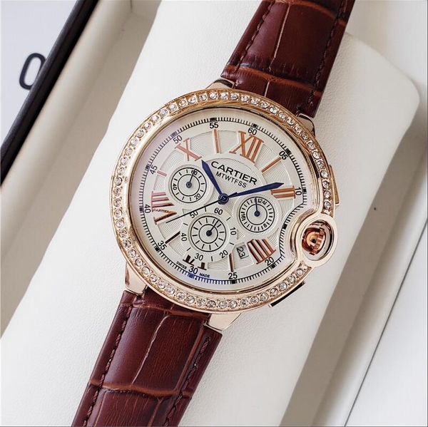 

a07 famous love new cartier fashion watch men and women brand watches casual leather strap luxury quartz watch round full diamond watch, Slivery;brown