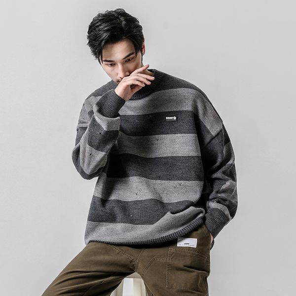

2019 autumn casual men's sweater o-neck striped knittwear mens sweaters pullovers pullover men pull homme plus size hoodie, Black