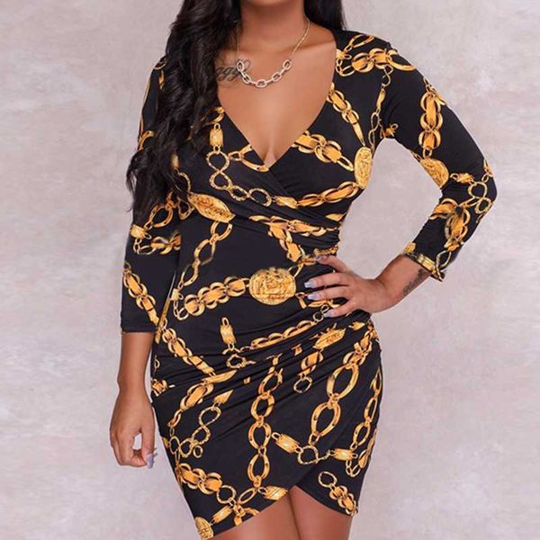

women chain printed v neck bodycon mini dress ladies long sleeve casual short dresses streetwear, Black;gray