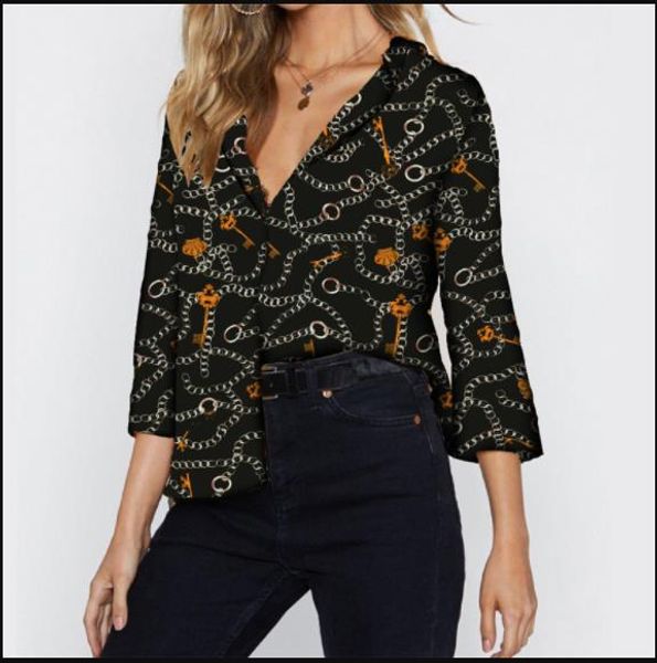 

women chemise print v-neck shirts panelled vintage gold chain print shirts fashion luxury designer long sleeved, White