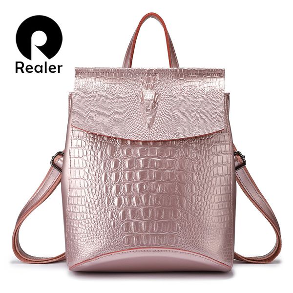 

realer backpack women split leather school bags for teenage girls travel back pack ladies shoulder bag crocodile prints pink bag