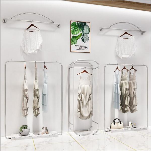 

silver floor hanger 5pcs/set marble show racks commercial furniture shopping mall double-row parallel bar simple wall hanging hat rack