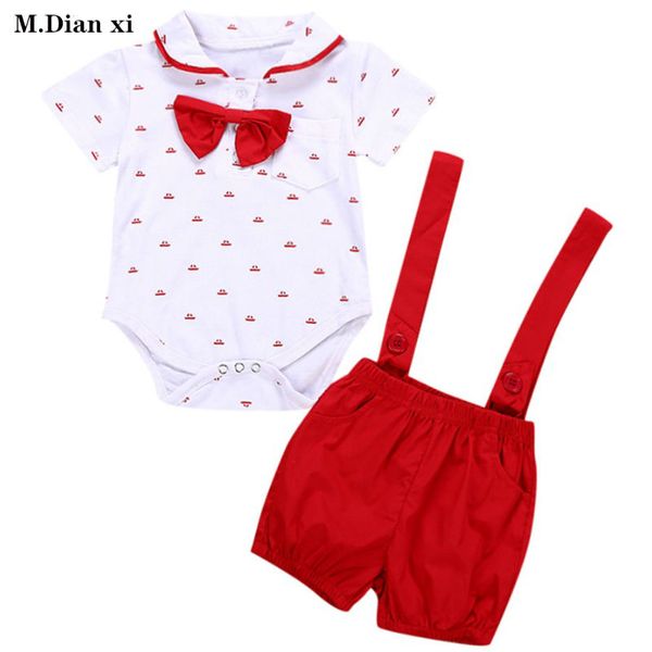 

summer baby fashion suit boy short sleeve + toddler bow tie gentleman strap children's solid color shorts robe two piece set, White