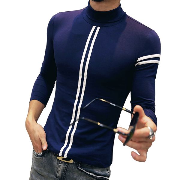 

2016 autumn men's t shirt new fashion turtleneck striped long sleeve t shirt mens clothes trend casual slim fit tees 5xl, White;black