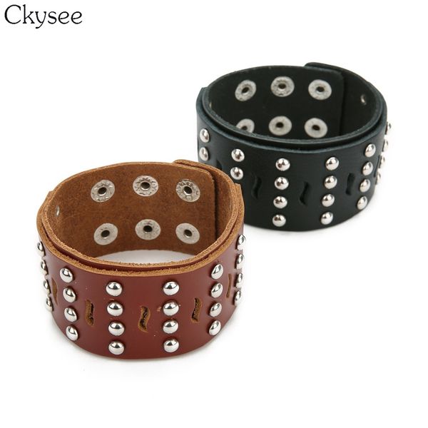 

ckysee genuine leather wrap rivet bracelet for men women punk vintage brown & black leather bracelet bangles f16611, Golden;silver