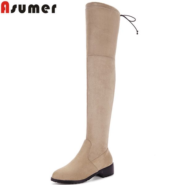 

asumer 2018 fashion autumn winter boots flock over the knee boots med heels slip on thigh high black plus size 34-47