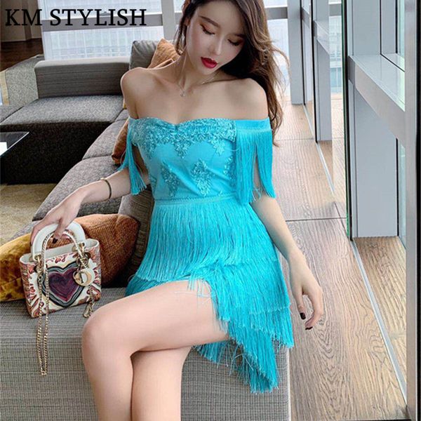 

2019 spring and summer new ladies tube party tassels strapless dress layers fringe solid color embroidery slim dress, Black;gray