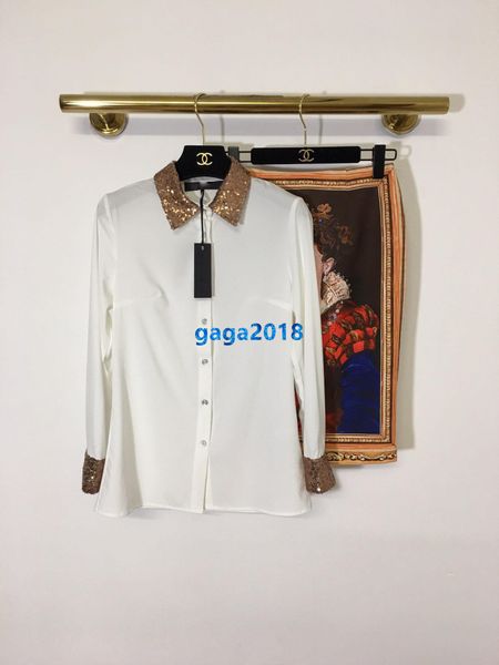 

high end женщины девушки комплект рубашка блестки лацкан шеи с длинным рукавом блузка тройник топы масляная живопись красота короткие bodyco, White