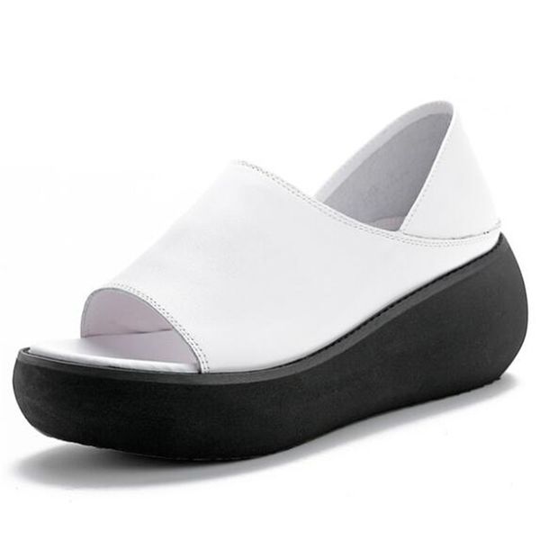 

2020 new summer fashion fish mouth retro sandals light non-slip thick bottom wedge sandals genuine leather women, Black