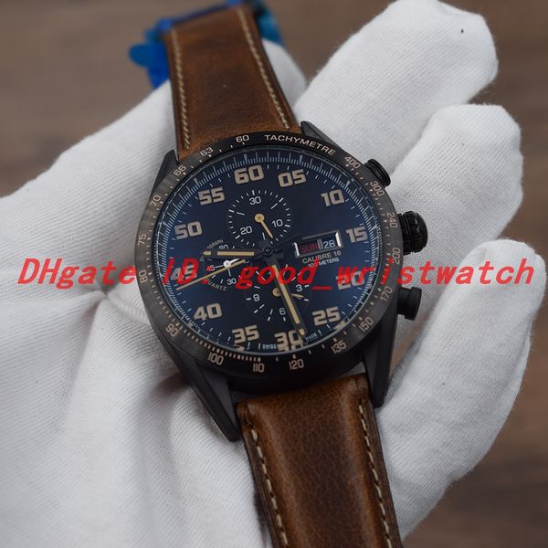 

luxury Man watches Black steel shell CALIBRE 16 day date Leather strap CV2A84 OS Quartz Chronograph All Subdials Work Wrist Watch