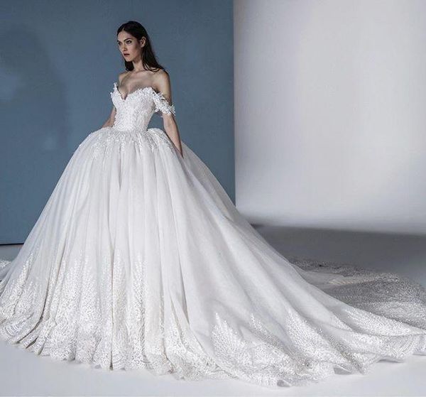 Luxury Off Shoulder Ball Gown Wedding Dresses Lace Appliqued Plus