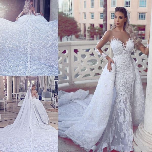 

2019 said mhamad luxury lace wedding dresses long sleeves sheer appliques illusion back mermaid bridal gowns with removable skirts, White