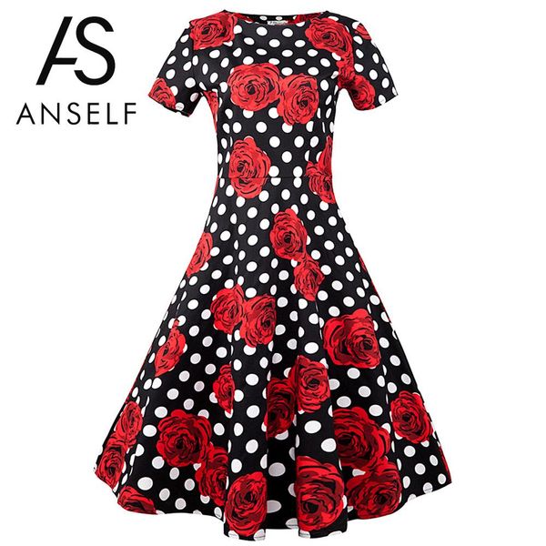 

2019 vintage red rose printed dress women floral polka dots dress o neck 50's rockabilly swing party dresses ukraine vestidos, Black;gray