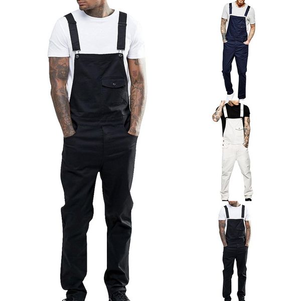 

2019 new men denim carpenter overalls full length casual pants loose pants bib men's fashion hip hop jumpsuit bib, Black