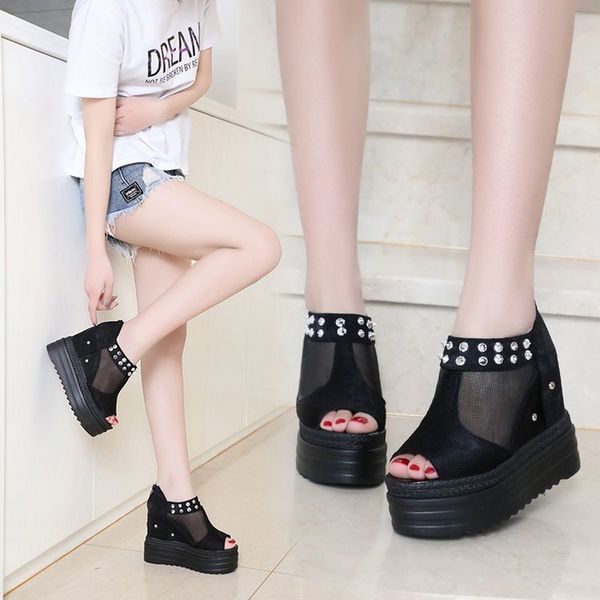 

2019 fashion platform peep toe women shoes rivet sandals t-strap high heels wedge casual shoes summer leather gladiator sandals, Black