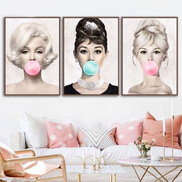 

audrey hepburn bubble gum wall art canvas fashion posters brigitte bardot & marilyn monroe prints painting pictures home decor