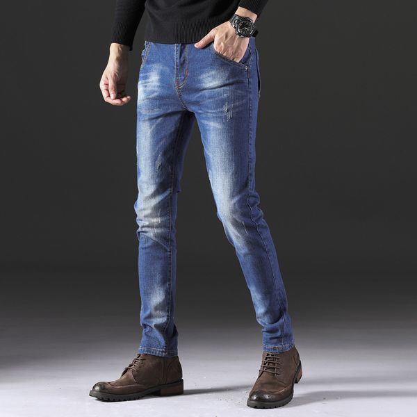 

men korean-style slim fit elasticity skinny pants teenager fashion cowboy trousers, Blue
