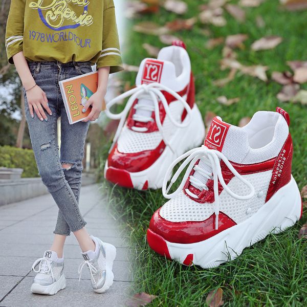 

2019 new women high platform shoes summer breathable women height increased shoes 10cm thick sole trainers sneakers woman, Black;white
