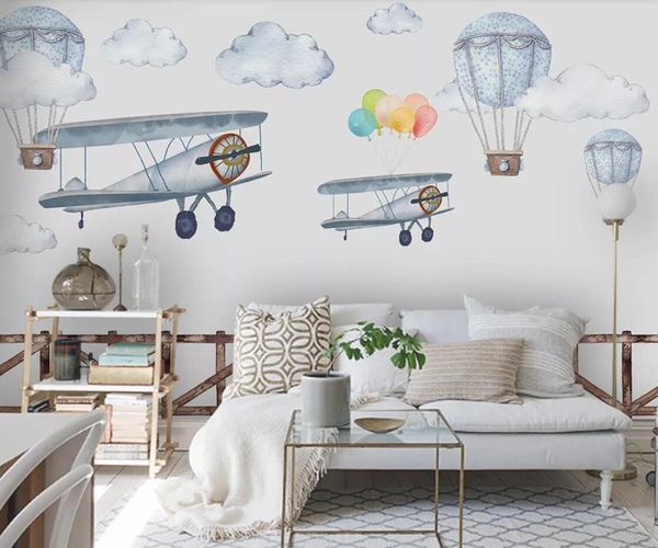 

european hand painted mural carton airplane air balloon wallpaper for kids children bedroom art wall decor papel de parede