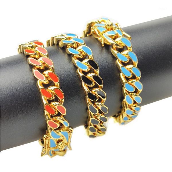 

mens hip hop seven-color stitching bracelet stainless steel personality cuban link chain gold sliver fine jewelry, Black