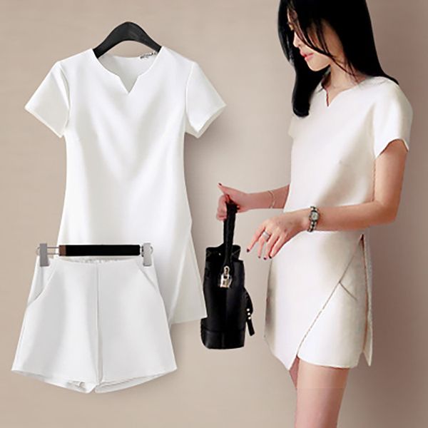 

summer women sets two pieces set v-neck +short sets casual female office suit women's costumes, White