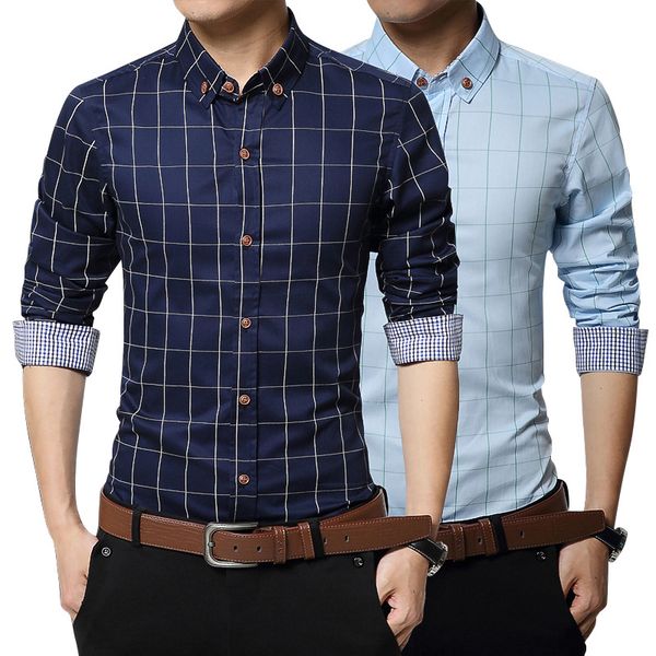 

summer and autumn new men's long sleeved slim business shirt fashion lattice button square collar large size tide thin section, White;black