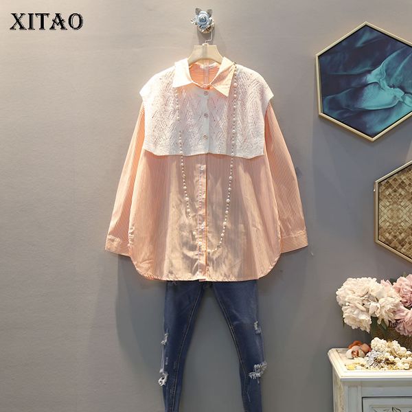 

xitao striped women blouse single breast 2020 spring patchwork elegant goddess fan casual loose style full sleeve shirt xj4003, White
