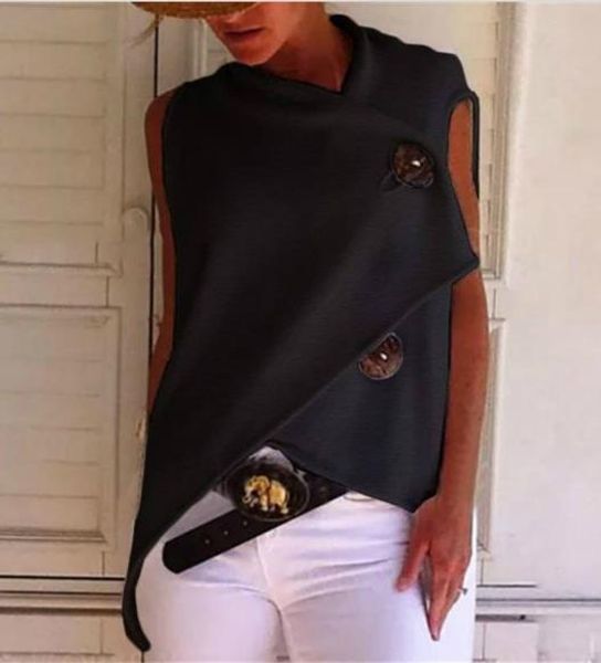 

women designer irregular button t-shirts fashion sleeveless loose tees casual natural color tank women clothing, White