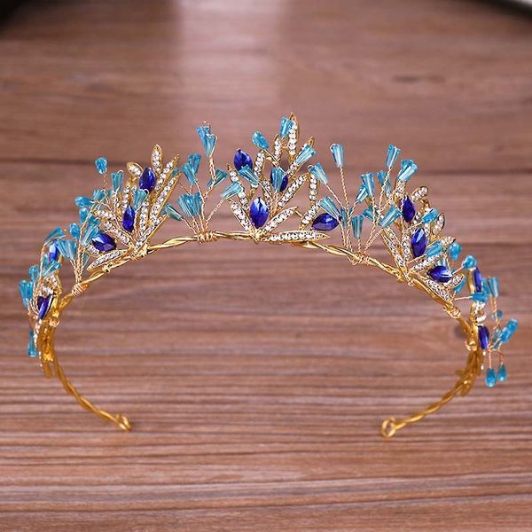 

gold leaf blue rhinestone crystal bridal tiaras and crown bride noiva diadem headpiece hair jewelry women wedding accessories bh, Golden;white