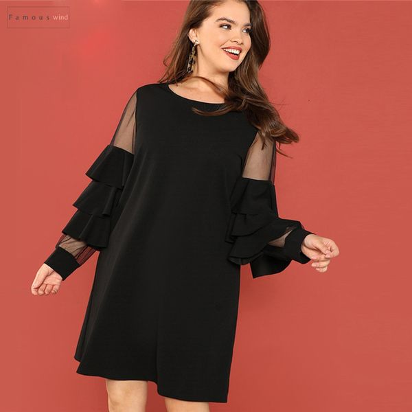 

платье black plus размер туника midi женщина sheer сетка вставка дифферент ruffle платье дама layered рукав элегантный, Black;gray