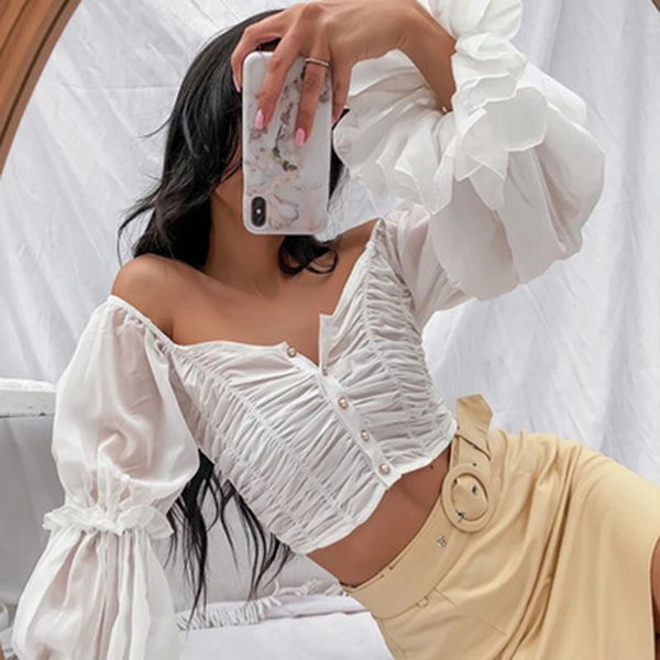

women chiffon shirt crop fashion elegant casual summer long sleeve female button up shirts loose fit top, White