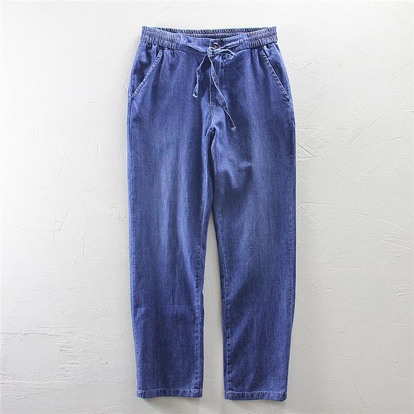 

elastic waist light wash men jean pants demin bottom relaxed fit, Blue