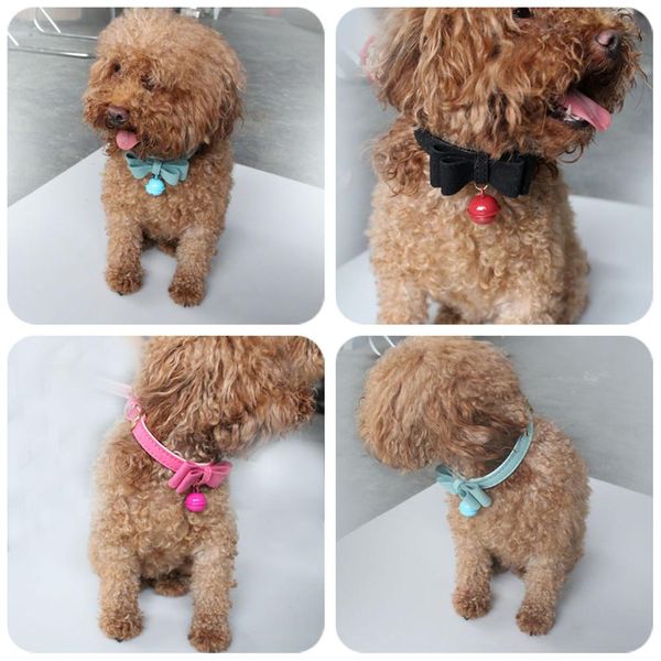 

3 colors pet collar double-layer with bowknot bells microfiber hemming pet dog traction accessories