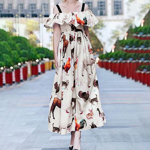

casual summer dress women clothes 2019 fashion women off shoulder animals printed backless ruffles party dress vestidos 42, Black;gray