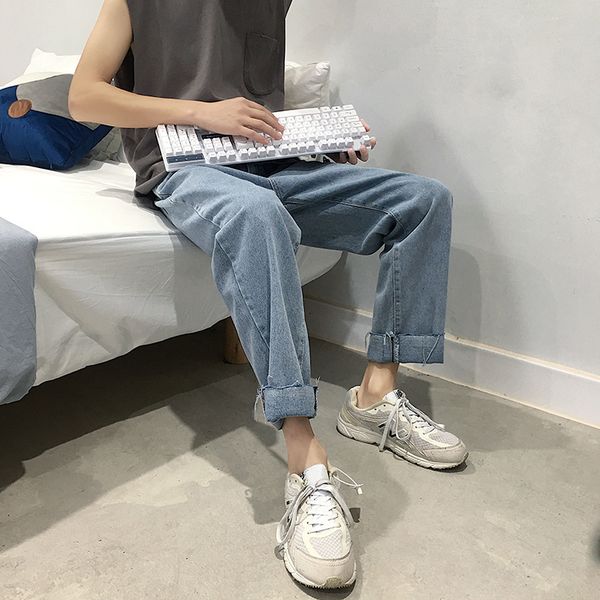 

2020 autumn new style jeans men's straight-cut pendant sense trousers loose pants teenager loose-fit versatile casual pants men, White;black