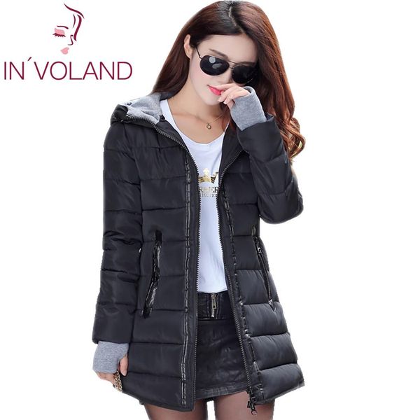 

women casual hooded thick long sleeve above knee spring, autumn, winter half gloves patchwork coat loose, Black