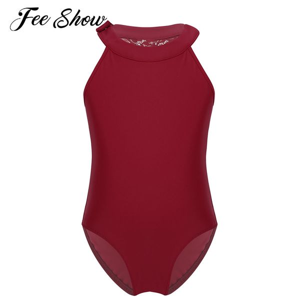 

kids gymnastics leotard ballerina dance ballet costume sleeveless halter floral lace leotards for girls ballet bodysuit jumpsuit, Black;red