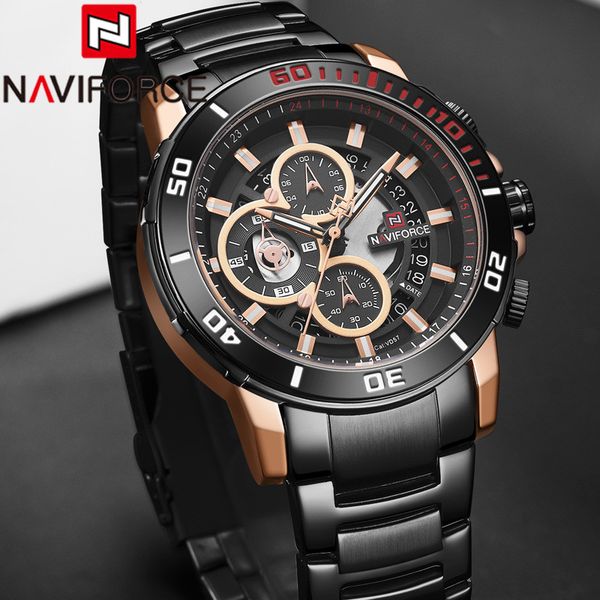 

naviforce men watch sport man wristwatch black gold chronograph stainless steel quartz male clock 9174, Slivery;brown