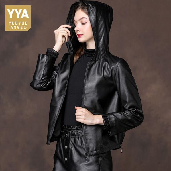 

2019 new women hooded genuine leather coats autumn winter thick warm 100% sheepskin real leather jackets fashion casual clothes, Black