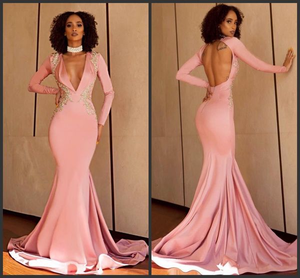

mermaid pink prom dresses v-neck long sleeve formal evening gowns open back bead cocktail party dress celebrity red carpet gown, Black