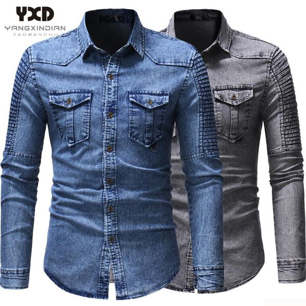 

fold stitching men camisas para hombre new brand men's jeans shirts fashion slim denim shirt personality camisa, White;black