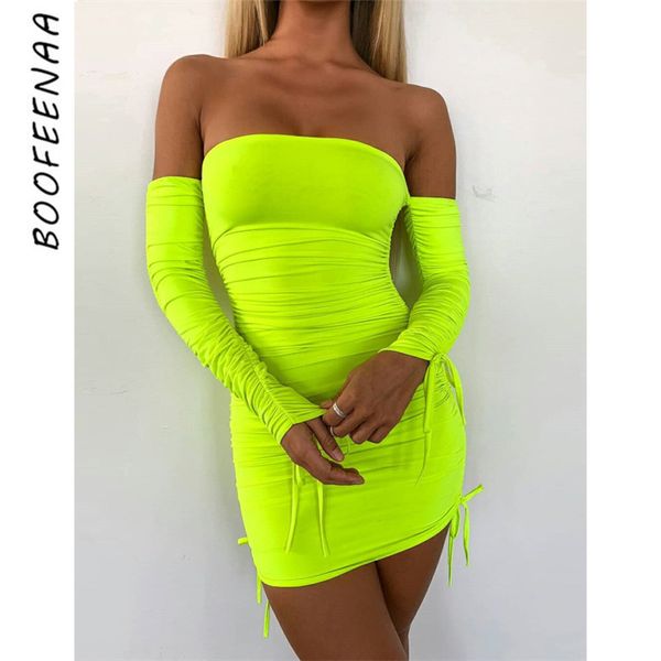 Boofeenaa неоновые зеленые ruched с плеча длинный рукав bodycon платье сексуальная вечеринка ночной клуб платья весна 2019 c66-ac32 q190417